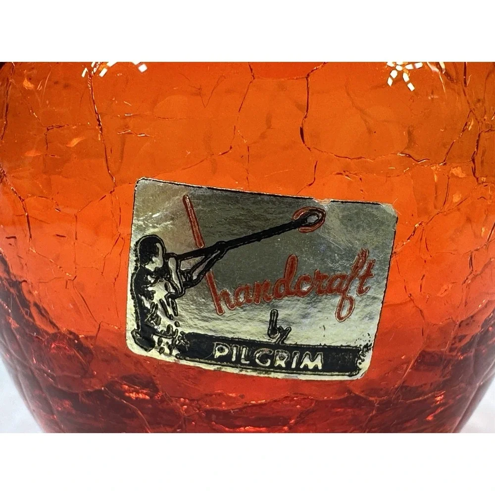 Vintage Handcrafted Pilgrim Orange Crackle Glass Clear Handle Mini Pitcher
